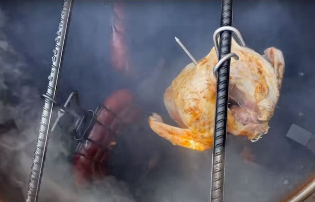 Smoking multiple meats via hanging method